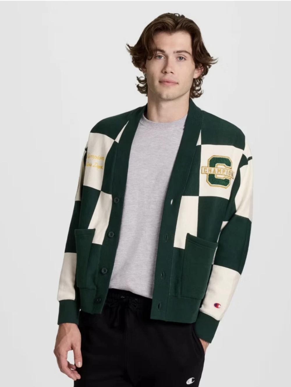 Champion -  Men's Varsity Check Cardigan Sweater - Green XXL